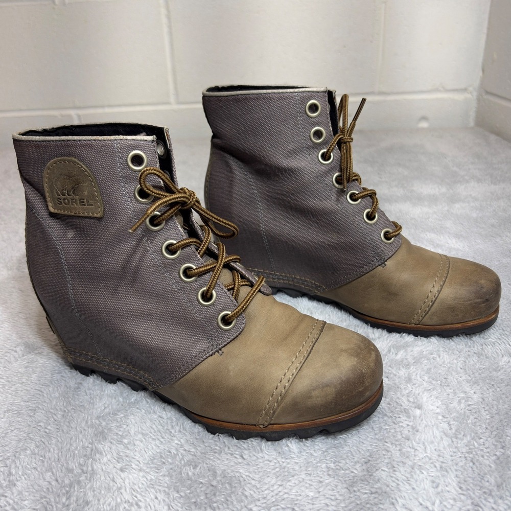 Sorel Joan of Arctic Wedge Boots Womens 9 Shale Grey Brown Leather Canvas NL2174